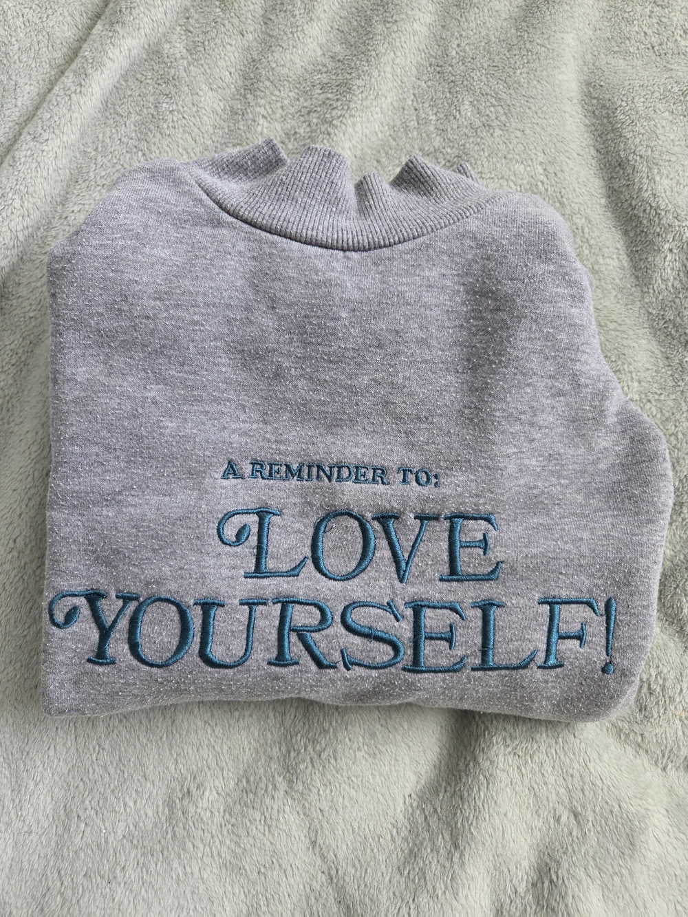 Forever 21 Gray Sweatshirt with Teal "LOVE YOURSELF" Embroidery